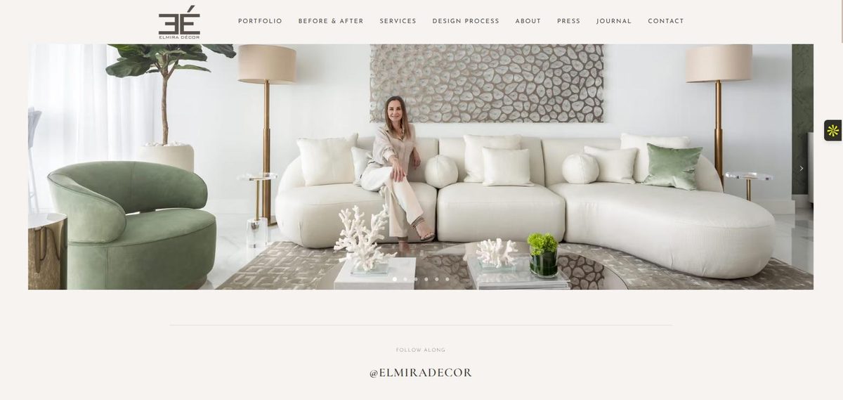 Elmira Décor website — airy interior design studio portfolio with full-width photography